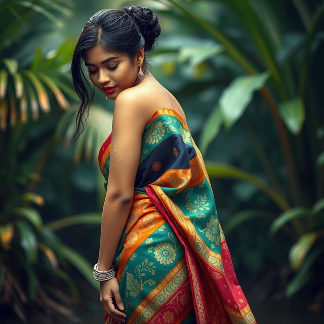 An Indian woman wearing a beautiful, colorful saree, standing in a wet environment, droplets glistening on her skin