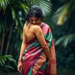 An Indian woman wearing a beautiful, colorful saree, standing in a wet environment, droplets glistening on her skin