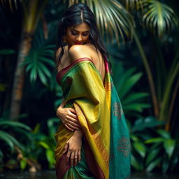 An Indian woman wearing a beautiful, colorful saree, standing in a wet environment, droplets glistening on her skin