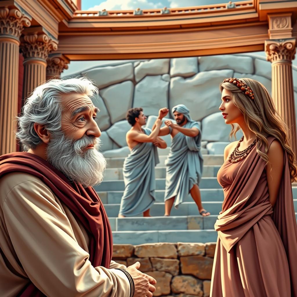 A scene depicting a comedic moment from ancient Greek theatre titled 'Cásina'