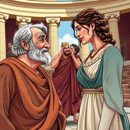 A scene depicting a comedic moment from ancient Greek theatre titled 'Cásina'