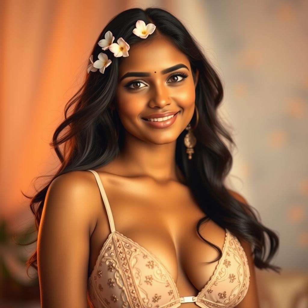 A portrait of a beautiful Indian woman confidently wearing a stylish bra