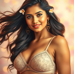 A portrait of a beautiful Indian woman confidently wearing a stylish bra