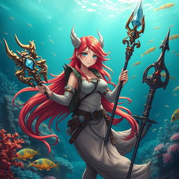 An anime-style mermaid draconic sorceress with striking red hair cascading down her back and sparkling silver eyes