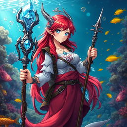 An anime-style mermaid draconic sorceress with striking red hair cascading down her back and sparkling silver eyes