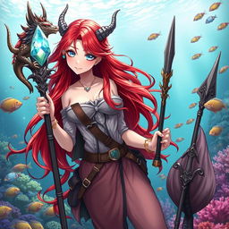 An anime-style mermaid draconic sorceress with striking red hair cascading down her back and sparkling silver eyes