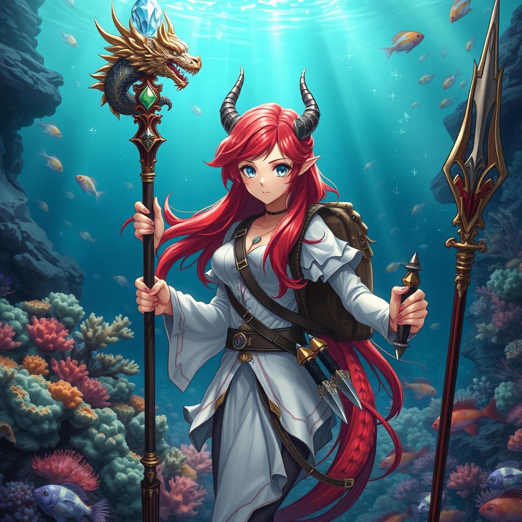 An anime-style mermaid draconic sorceress with striking red hair cascading down her back and sparkling silver eyes