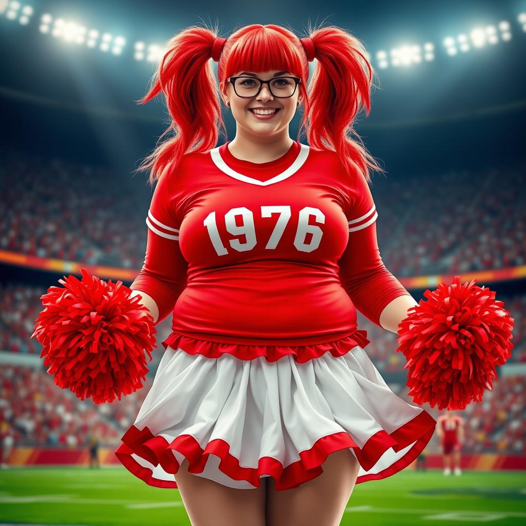 A realistic image of a plus-sized female cheerleader with vibrant red hair styled in two pigtails, wearing stylish glasses