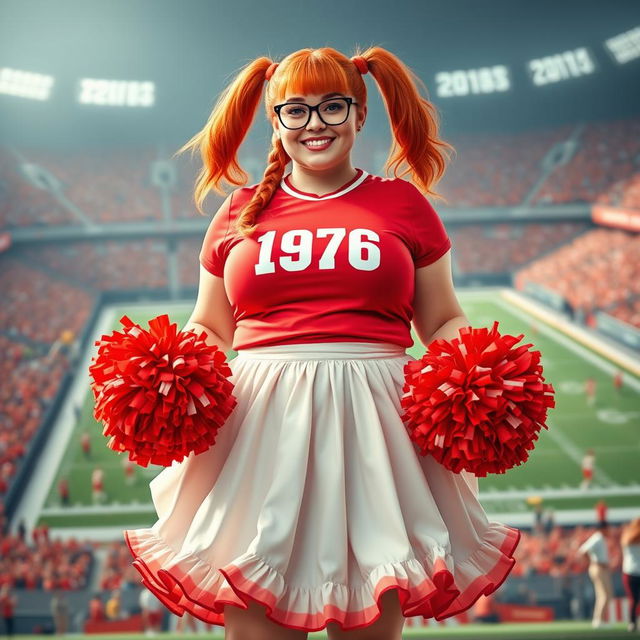 A realistic image of a plus-sized female cheerleader with vibrant red hair styled in two pigtails, wearing stylish glasses