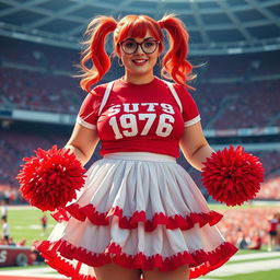 A realistic image of a plus-sized female cheerleader with vibrant red hair styled in two pigtails, wearing stylish glasses