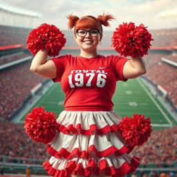 A realistic image of a plus-sized female cheerleader with vibrant red hair styled in two pigtails, wearing stylish glasses