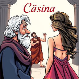 A colorful caricature style illustration depicting an old Greek man looking enamored at a young and beautiful Greek woman seen from the back