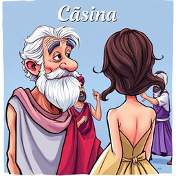 A colorful caricature style illustration depicting an old Greek man looking enamored at a young and beautiful Greek woman seen from the back