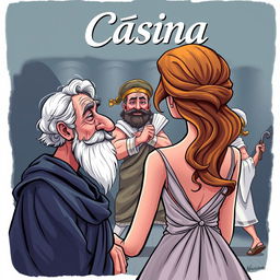 A colorful caricature style illustration depicting an old Greek man looking enamored at a young and beautiful Greek woman seen from the back