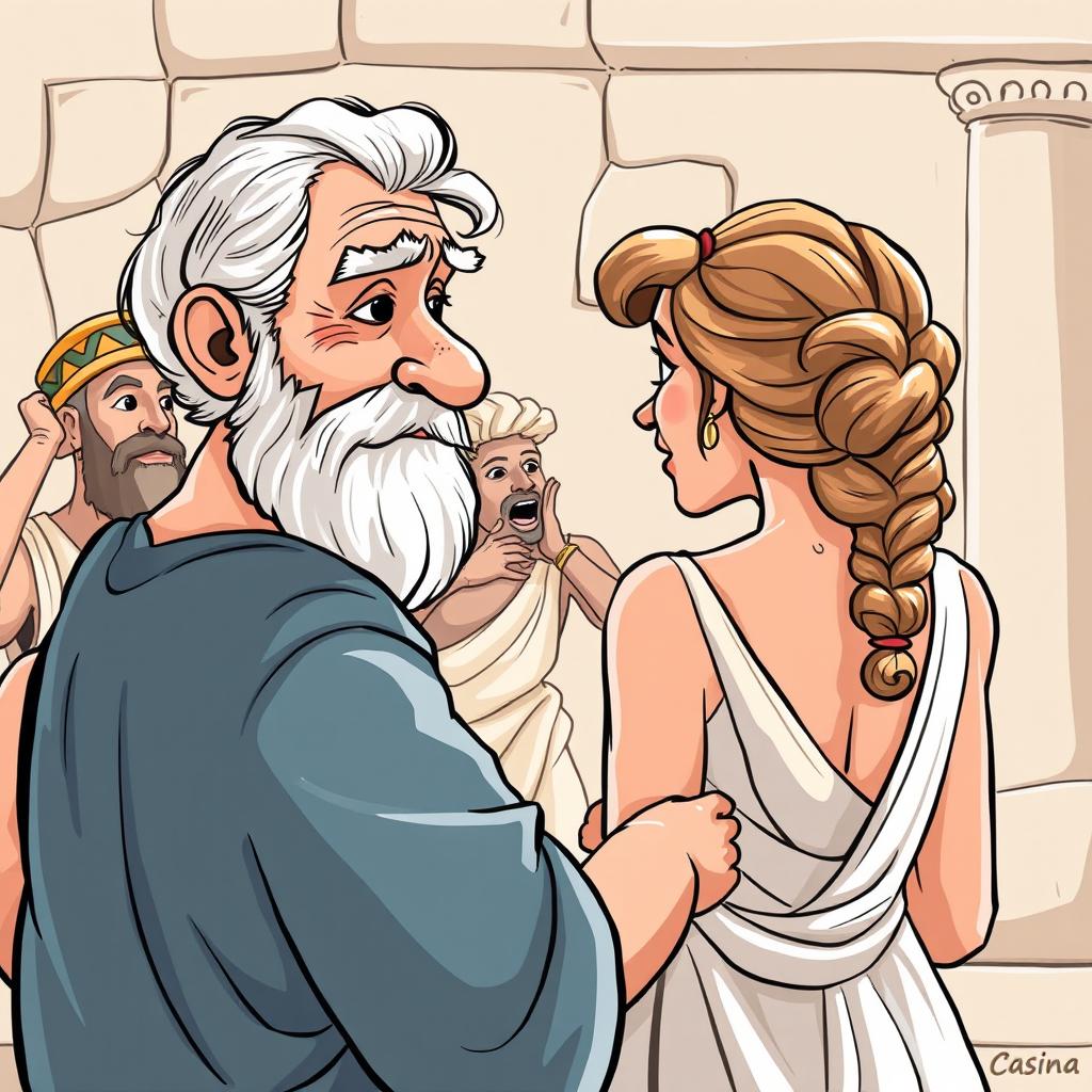 An ancient Greek scene inspired by the Greco-Latin comedy, featuring an elderly Greek man infatuated with a young and beautiful Greek woman seen from behind