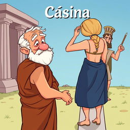 An ancient Greek scene inspired by the Greco-Latin comedy, featuring an elderly Greek man infatuated with a young and beautiful Greek woman seen from behind