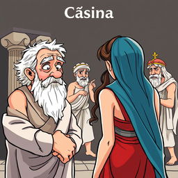 An ancient Greek scene inspired by the Greco-Latin comedy, featuring an elderly Greek man infatuated with a young and beautiful Greek woman seen from behind