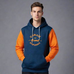 A stylish promotional hoodie design. The design includes a striking logo on the front, fashionable color combinations, and a creative slogan.