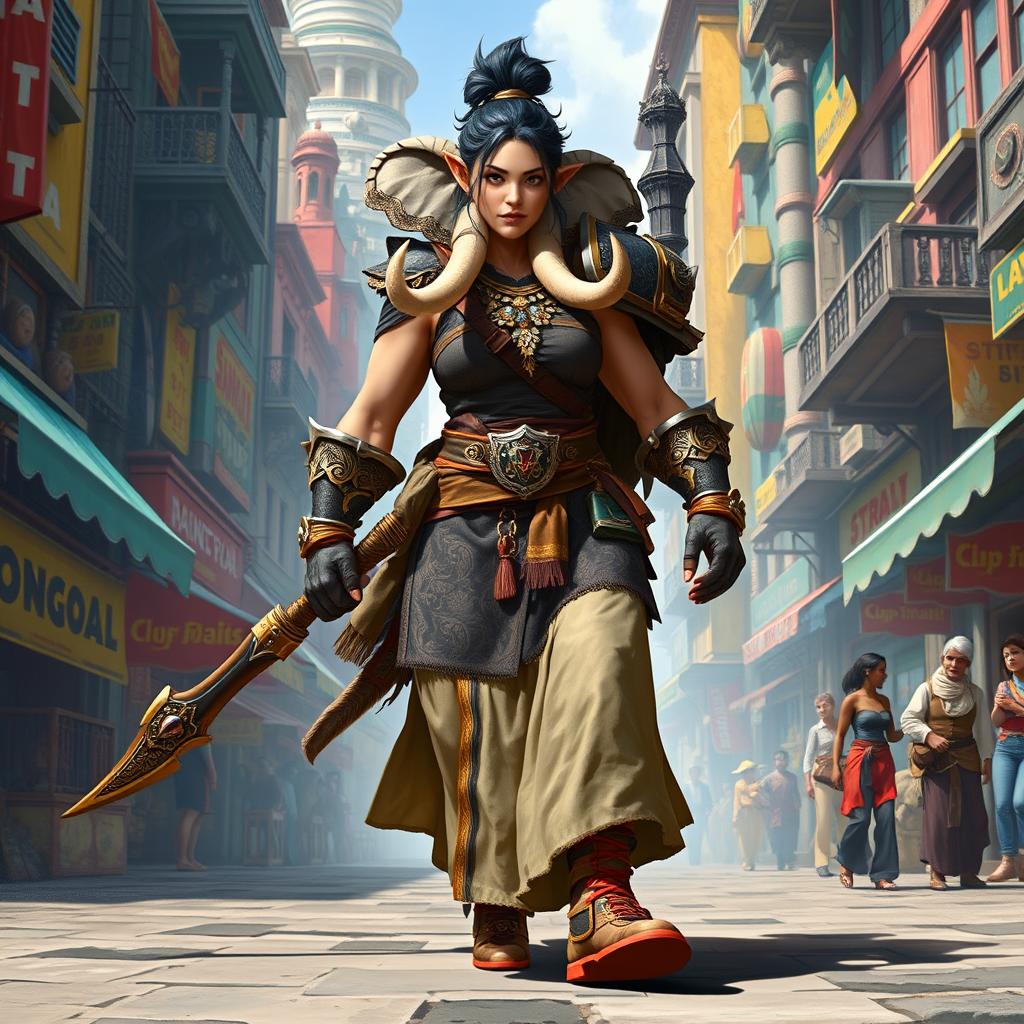 A strong and confident female Loxodon fighter strides through a vibrant fantasy city, showcasing her impressive elephantine features, including a long trunk and sturdy tusks