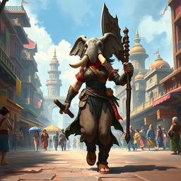 A strong and confident female Loxodon fighter strides through a vibrant fantasy city, showcasing her impressive elephantine features, including a long trunk and sturdy tusks