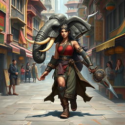 A strong and confident female Loxodon fighter strides through a vibrant fantasy city, showcasing her impressive elephantine features, including a long trunk and sturdy tusks