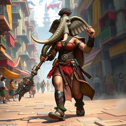 A strong and confident female Loxodon fighter strides through a vibrant fantasy city, showcasing her impressive elephantine features, including a long trunk and sturdy tusks