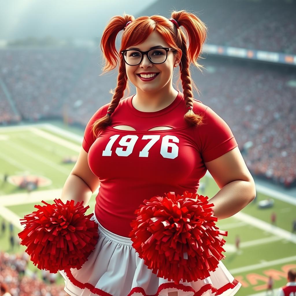 A realistic image of a plus-size football cheerleader, with large breasts, red hair tied in two pigtails, wearing glasses