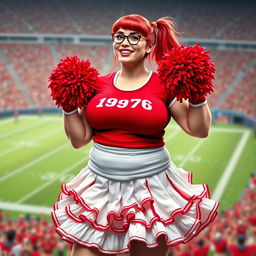 A realistic image of a plus-size football cheerleader, with large breasts, red hair tied in two pigtails, wearing glasses