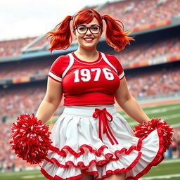 A realistic image of a plus-size football cheerleader, with large breasts, red hair tied in two pigtails, wearing glasses