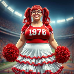 A realistic image of a plus-size football cheerleader, with large breasts, red hair tied in two pigtails, wearing glasses