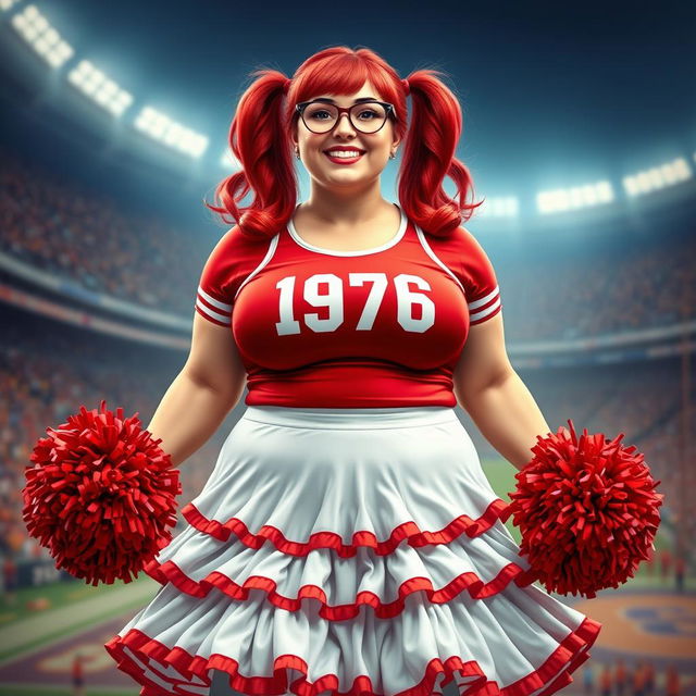 A realistic image of a plus-size football cheerleader, with large breasts, red hair tied in two pigtails, wearing glasses