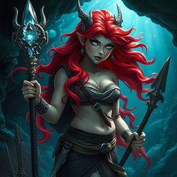 A mermaid draconic sorcerer with vibrant red hair cascading in waves, featuring striking silver eyes that gleam with power