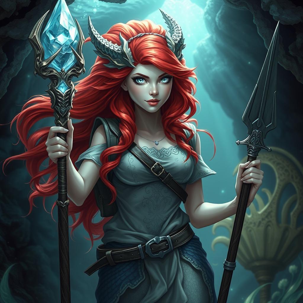 A mermaid draconic sorcerer with vibrant red hair cascading in waves, featuring striking silver eyes that gleam with power