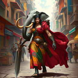 A striking female Loxodon fighter confidently walks through a vibrant fantasy city, showcasing her unique elephantine features, including her long trunk and impressive tusks