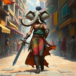 A striking female Loxodon fighter confidently walks through a vibrant fantasy city, showcasing her unique elephantine features, including her long trunk and impressive tusks