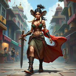 A striking female Loxodon fighter confidently walks through a vibrant fantasy city, showcasing her unique elephantine features, including her long trunk and impressive tusks
