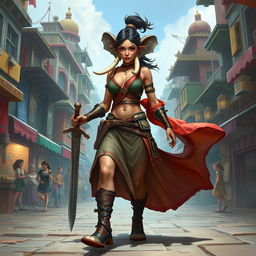 A striking female Loxodon fighter confidently walks through a vibrant fantasy city, showcasing her unique elephantine features, including her long trunk and impressive tusks