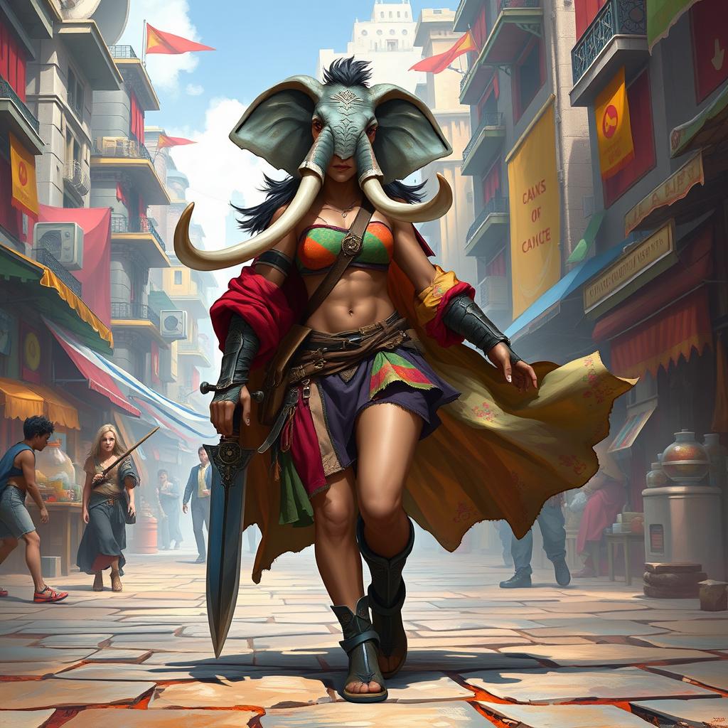 A striking female Loxodon fighter confidently walks through a vibrant fantasy city, showcasing her unique elephantine features, including her long trunk and impressive tusks