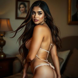 A stunning South American young woman with long flowing hair and a sensual body, elegantly posing in delicate lingerie that accentuates her curves