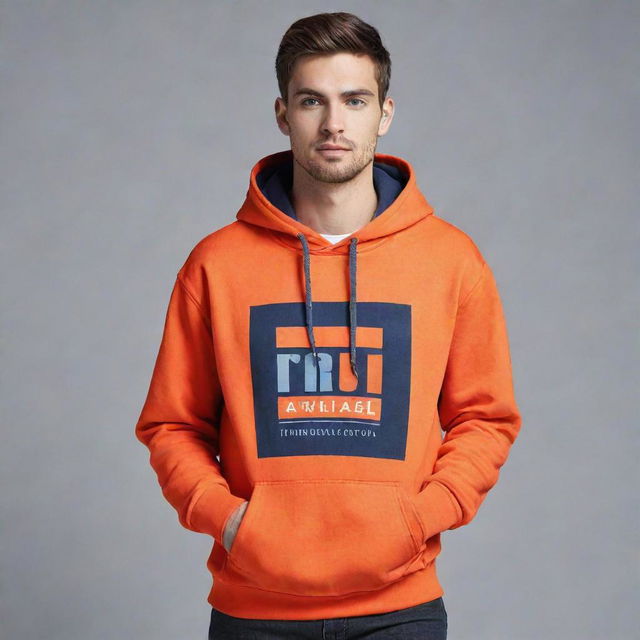 A stylish promotional hoodie design. The design includes a striking logo on the front, fashionable color combinations, and a creative slogan.