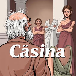 A Greek comedic scene depicting an old, lecherous man in love with a young, beautiful Greek woman seen from behind