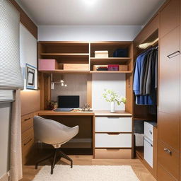 A well-organized 13x10 room design featuring a bed, a study table, a dressing unit, and clever placement of wardrobes and lofts.