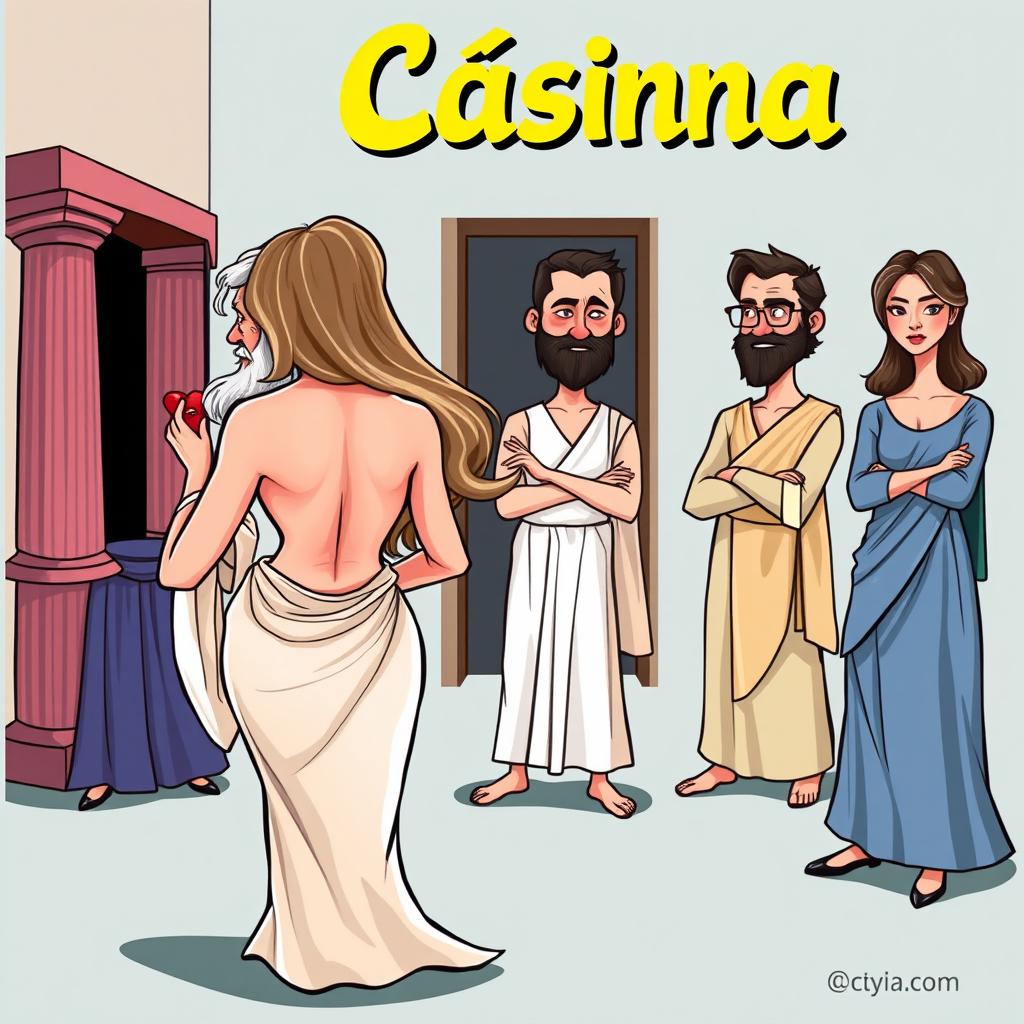 A vibrant caricature scene inspired by ancient Greek comedy, depicting an old, lecherous Greek man in love with a young and beautiful Greek woman seen from behind, showcasing her graceful figure and flowing hair