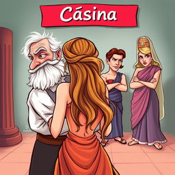 A vibrant caricature scene inspired by ancient Greek comedy, depicting an old, lecherous Greek man in love with a young and beautiful Greek woman seen from behind, showcasing her graceful figure and flowing hair