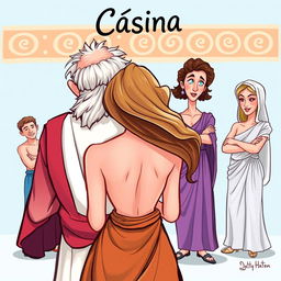 A vibrant caricature scene inspired by ancient Greek comedy, depicting an old, lecherous Greek man in love with a young and beautiful Greek woman seen from behind, showcasing her graceful figure and flowing hair