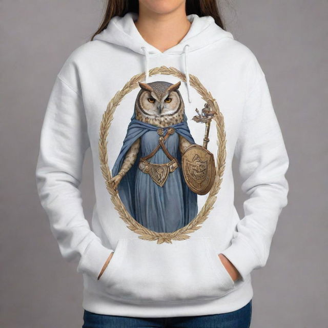 A full-body design of Athena, the Greek goddess of wisdom, featured on a hoodie. She is in classic Greek attire, with an owl on her shoulder, and a shield and spear in her hands.