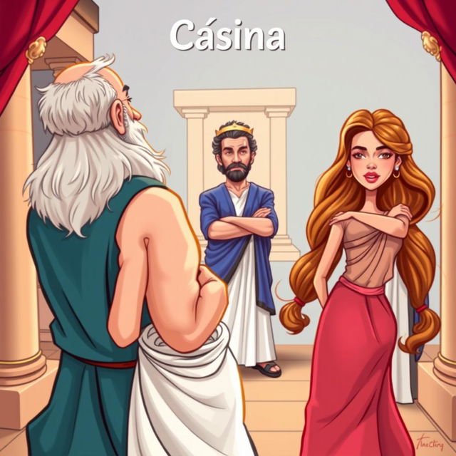 A vibrant caricature scene inspired by ancient Greek comedy, depicting an old, lecherous Greek man in love with a young and beautiful Greek woman seen from behind, showcasing her graceful figure and flowing hair