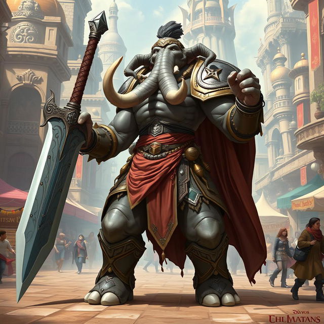 A powerful and imposing female Loxodon stands confidently in a bustling fantasy city, showcasing her strong physique and unique elephantine features, including a prominent trunk and majestic tusks