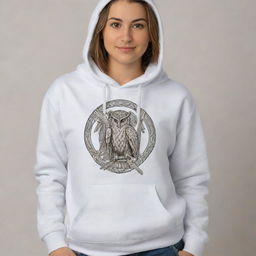 A full-body design of Athena, the Greek goddess of wisdom, featured on a hoodie. She is in classic Greek attire, with an owl on her shoulder, and a shield and spear in her hands.