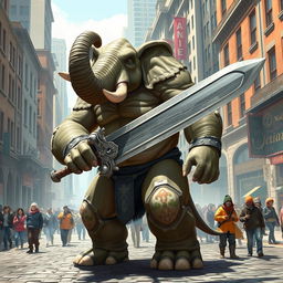 A strong Loxodon standing confidently in a bustling city, showcasing its impressive physique and detailed features